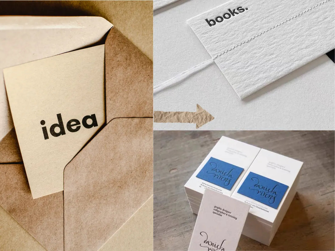 A product idea on kraft paper on one side and specialty paper printed samples on the other, showing how ideas move into real production.