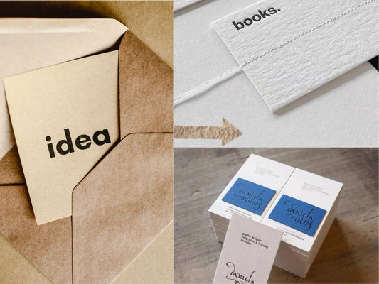 A product idea on kraft paper on one side and specialty paper printed samples on the other, showing how ideas move into real production.