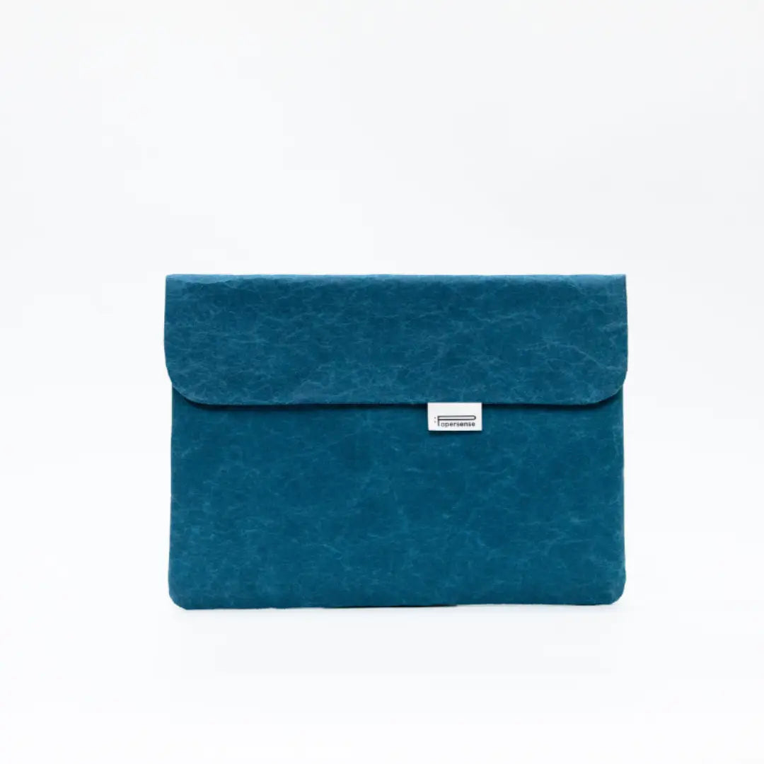 Blue washable paper laptop sleeve for branded merchandise.