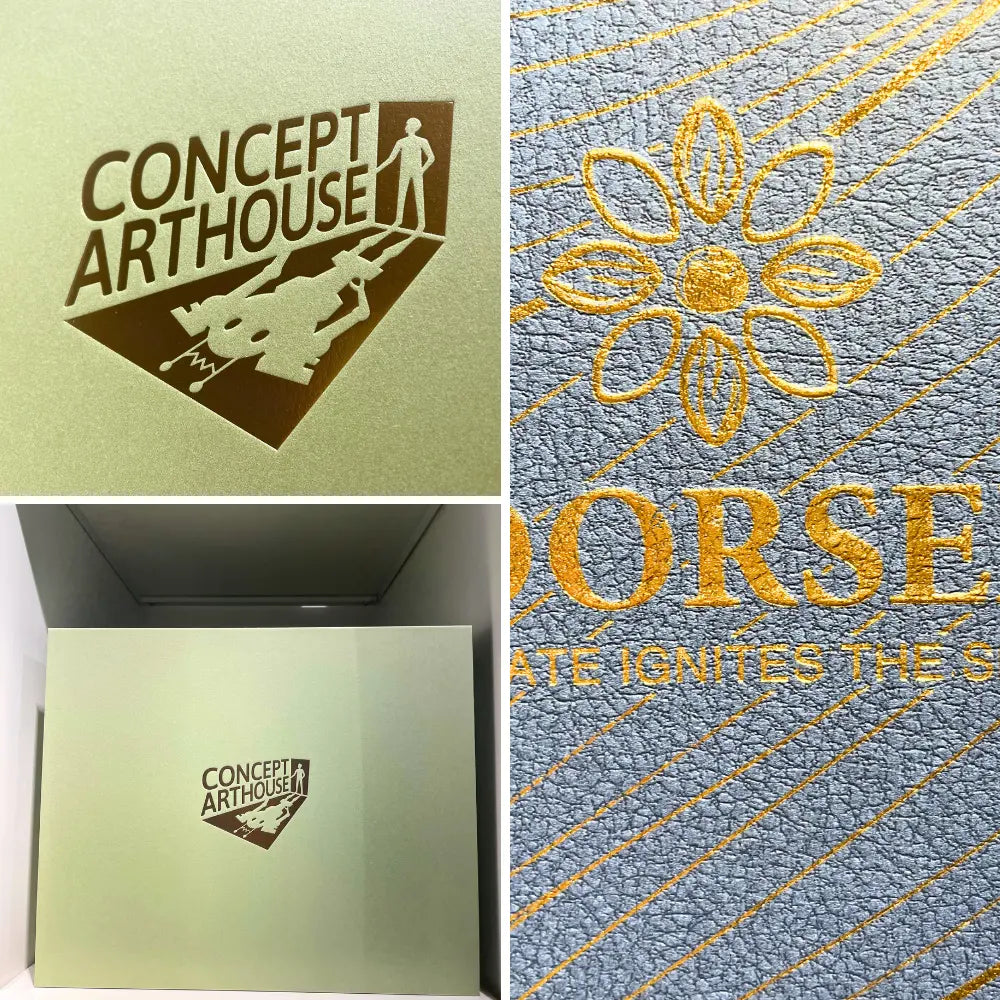Premium custom packaging with foil stamping and embossing finishes on textured paper