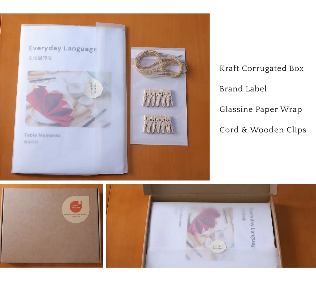 Packaging system for paper stationery including kraft paper box, branded label, tracing paper, wooden structure, and rope details showing layered packaging experience