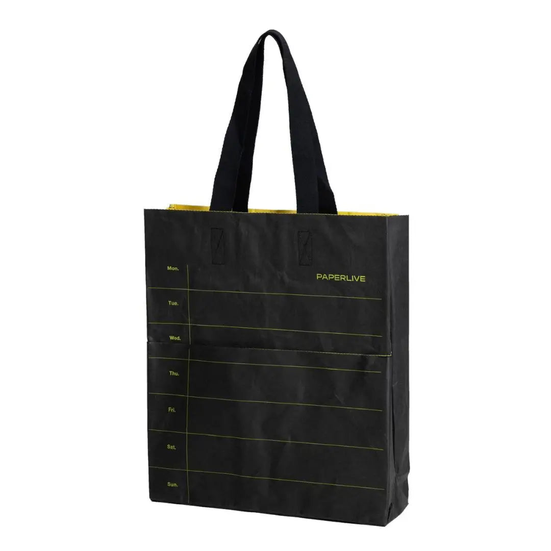 Black washable paper tote bag for corporate gifts and retail packaging.