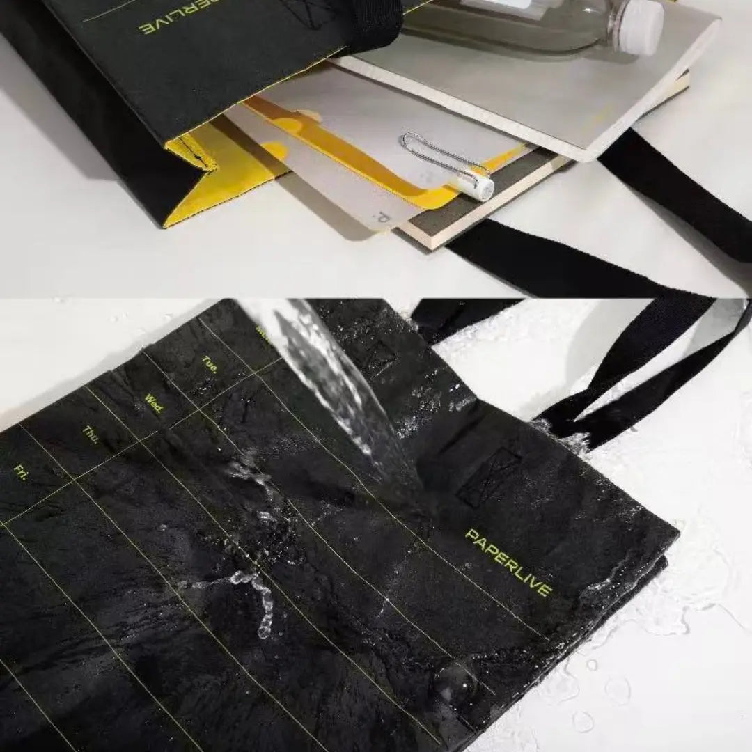 Washable paper tote bag showing water resistance and storage capacity.