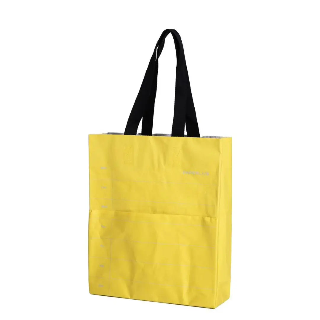 Yellow washable paper tote bag with custom printing.